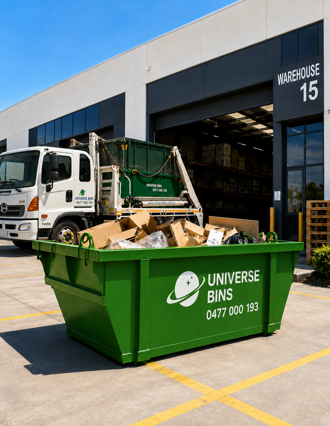 Universe Bins skip bin filled with cardboard outside a Melbourne business