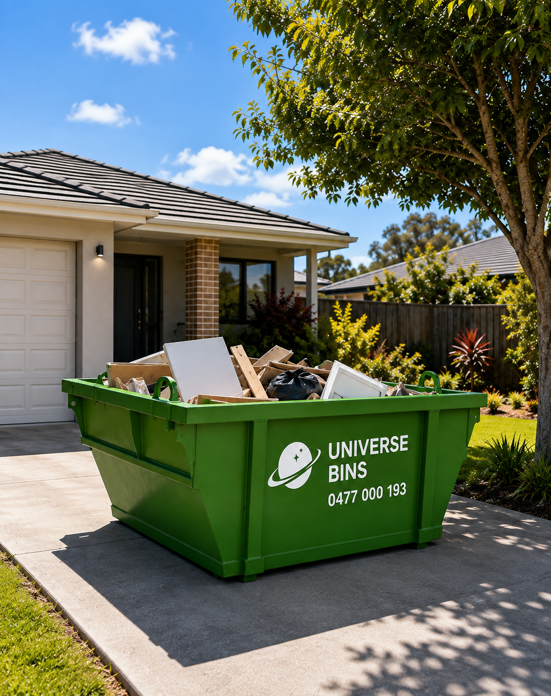 Household clean-up waste loaded into a Universe Bins skip on a Melbourne driveway